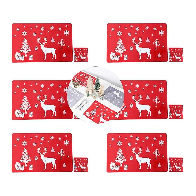Christmas Placemat Washable Table Place Mat Sets Of 6 Placemat & 6 Cup Mats,, Christmas Tree, Snowfl