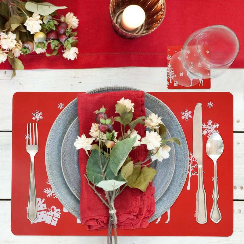 Christmas Placemat Washable Table Place Mat Sets Of 6 Placemat & 6 Cup Mats,, Christmas Tree, Snowfl