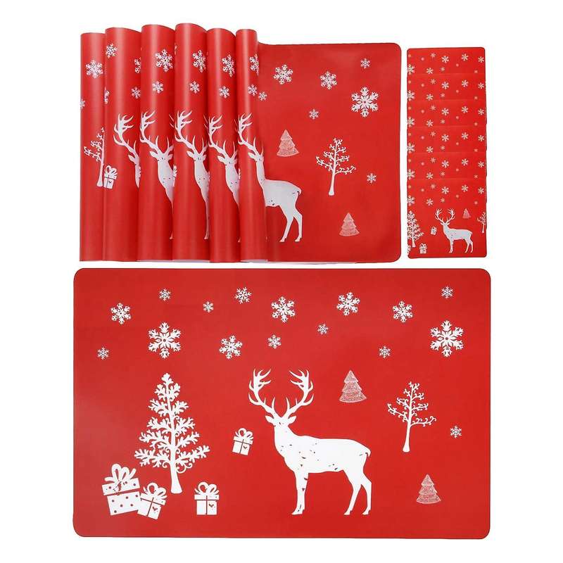 Christmas Placemat Washable Table Place Mat Sets Of 6 Placemat & 6 Cup Mats,, Christmas Tree, Snowfl