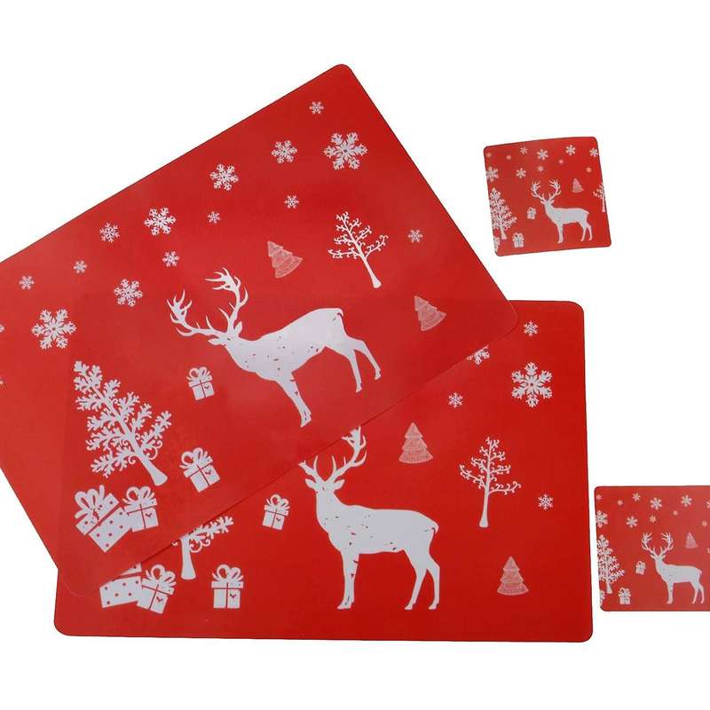 Christmas Placemat Washable Table Place Mat Sets Of 6 Placemat & 6 Cup Mats,, Christmas Tree, Snowfl