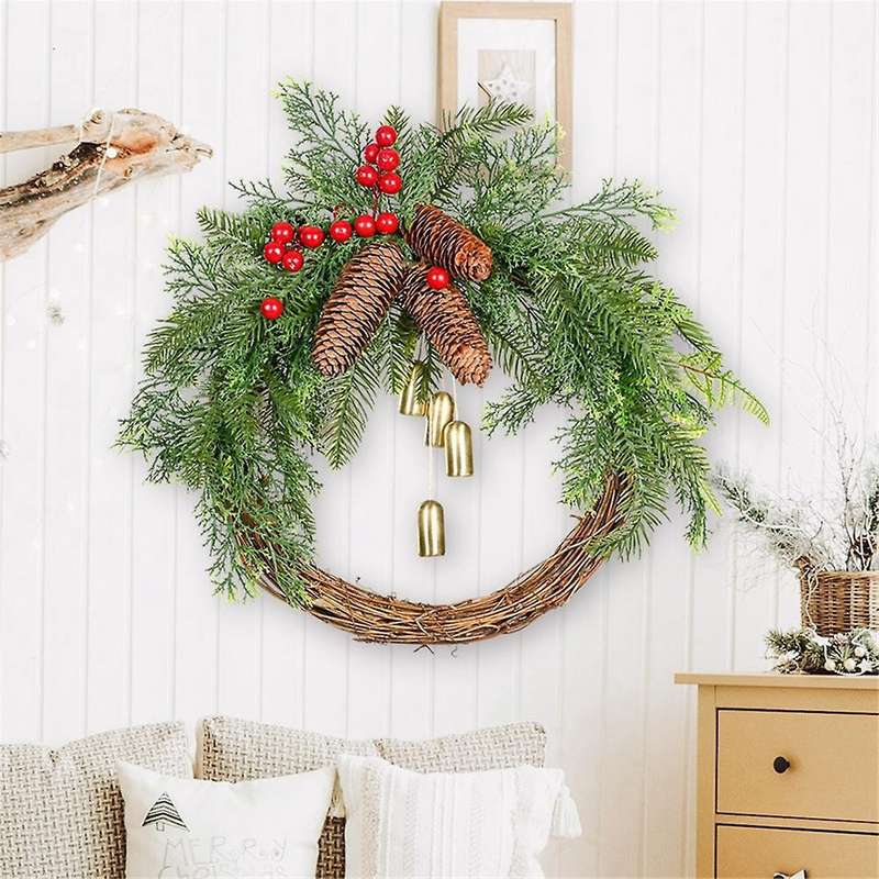 Christmas Pinecone Bell Rattan Wreath Christmas Door Hanging Rustic Wreath Christmas Day Decorations