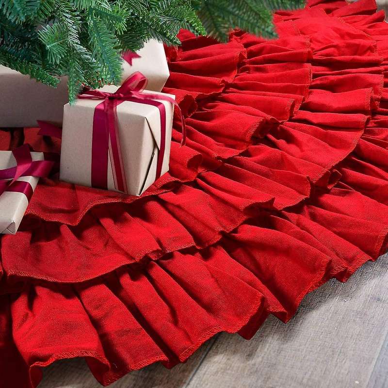 Christmas Red Ruffle Tree Skirt, 48 Inches 6-Layer Rustic Farmhouse Tree for Holiday Party Christmas
