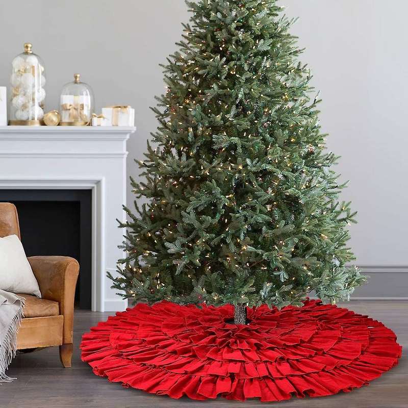 Christmas Red Ruffle Tree Skirt, 48 Inches 6-Layer Rustic Farmhouse Tree for Holiday Party Christmas