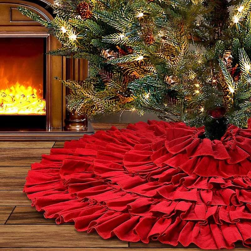 Christmas Red Ruffle Tree Skirt, 48 Inches 6-Layer Rustic Farmhouse Tree for Holiday Party Christmas