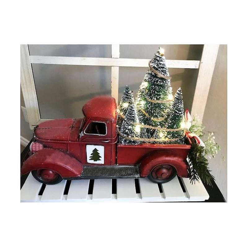 Christmas Red Truck Decor, Farmhouse Resin Truck Planter Lighted Decorations Red Truck with Mini