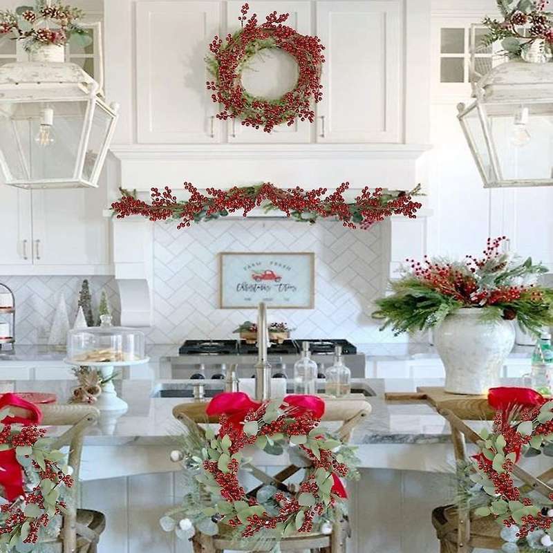 Christmas Red Berry Garland,Artificial Burgundy Red Pip Berry Garland