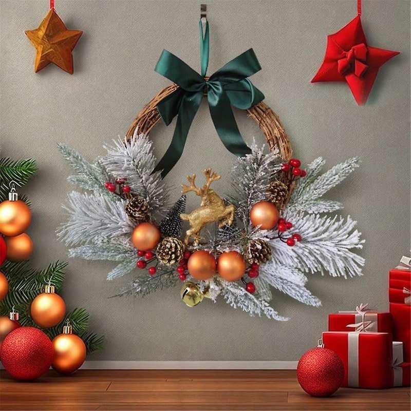 Christmas Reindeer Wreaths for Front Door Artificial Christmas Wreath with Christmas Ball Pinecones