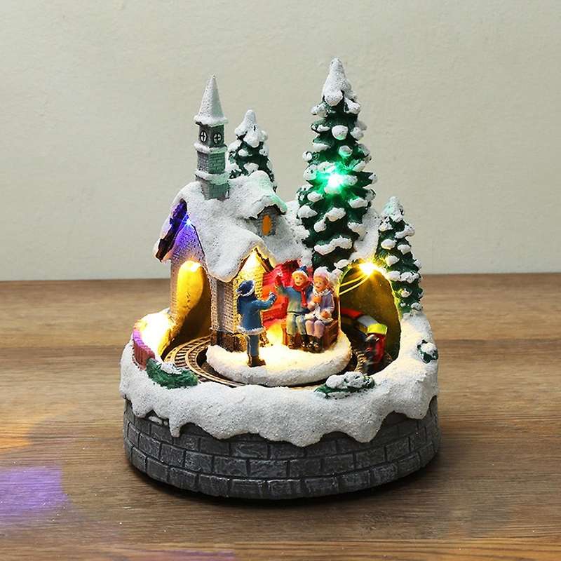 Christmas Snow House Village Xmas Steam Train Home Decor Luminous House Decoration Ornaments