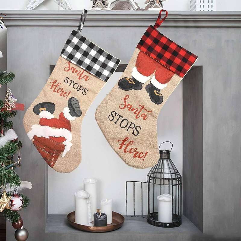 Christmas Stockings, 2 Pcs Xmas Stockings Decorations, Santa Stops Here for Xmas Holiday Party Home