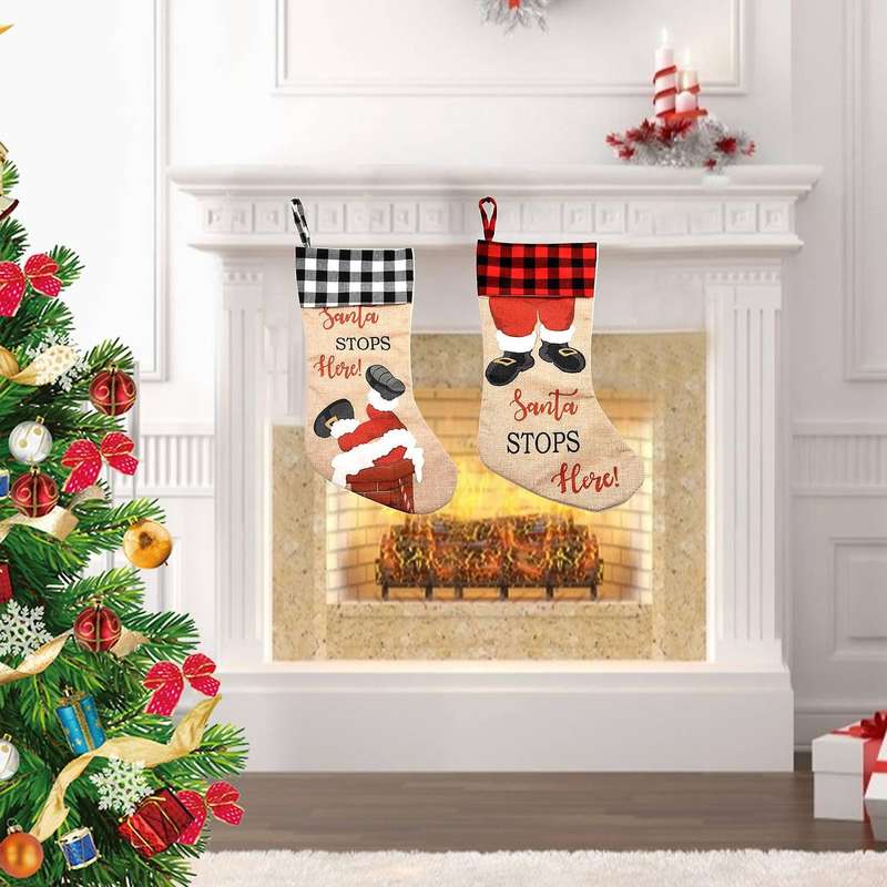 Christmas Stockings, 2 Pcs Xmas Stockings Decorations, Santa Stops Here for Xmas Holiday Party Home