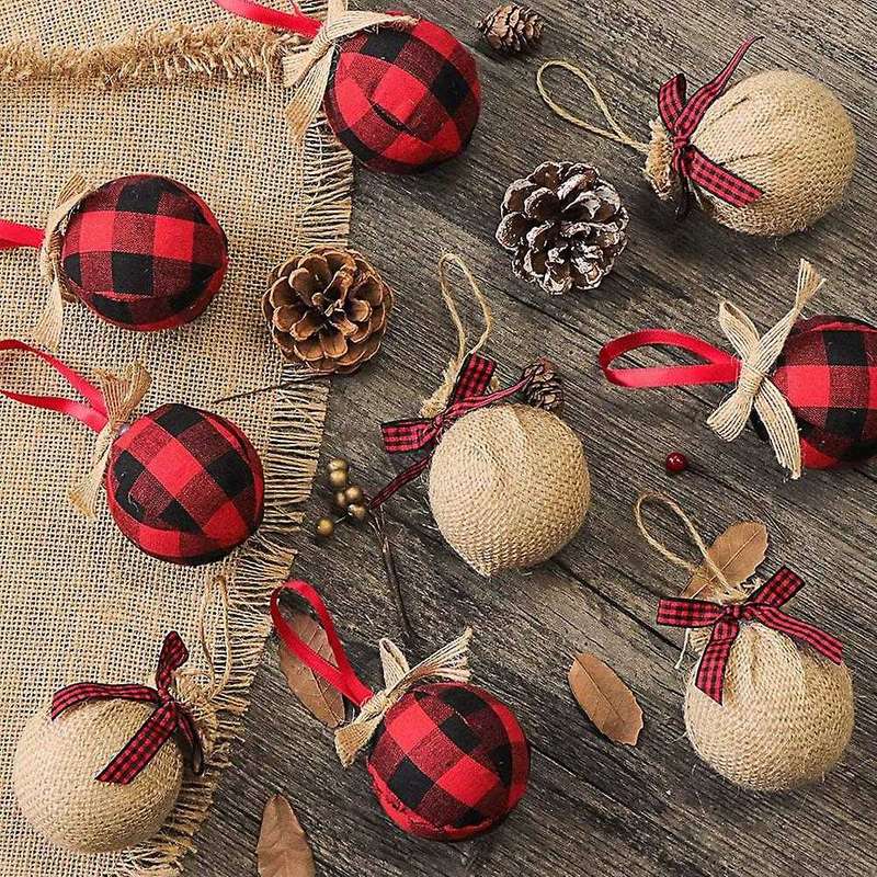 Christmas Tree Ornaments, 12 Pcs 2-1/2 Inches Red Black Check Plaid Stitching Burlap Christmas Decor