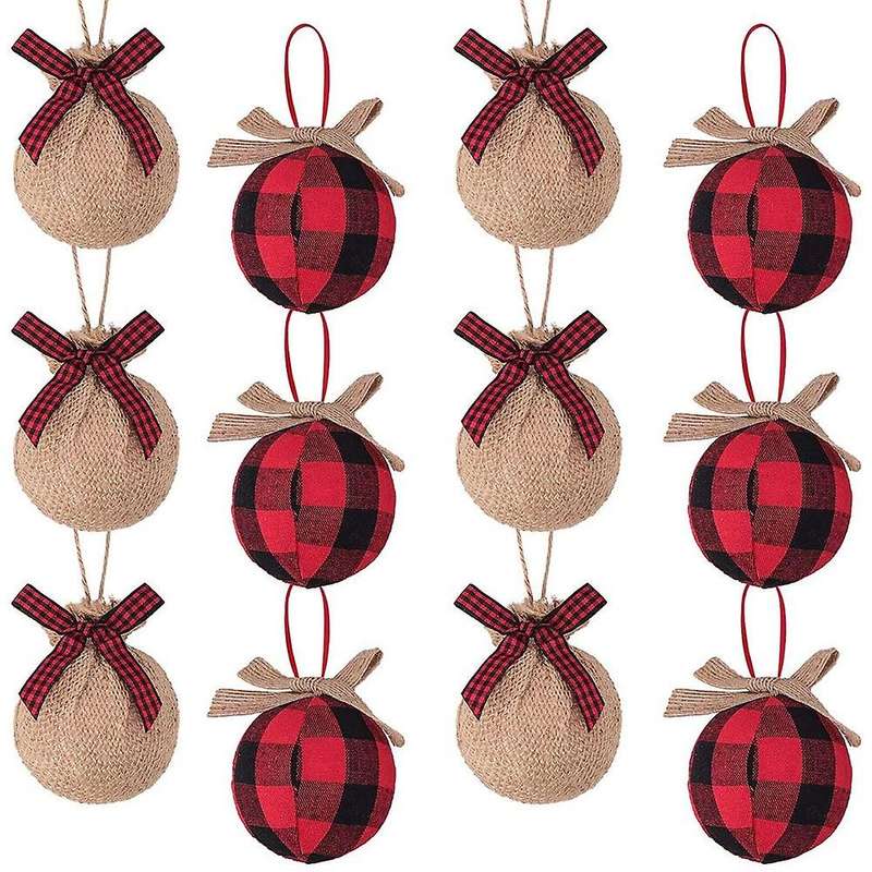 Christmas Tree Ornaments, 12 Pcs 2-1/2 Inches Red Black Check Plaid Stitching Burlap Christmas Decor