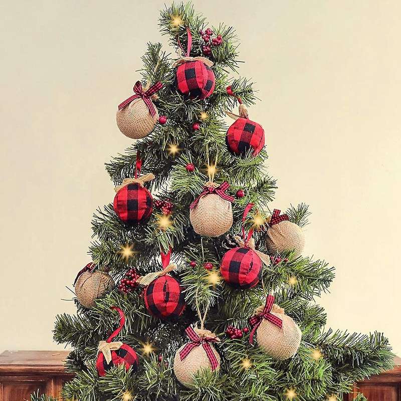 Christmas Tree Ornaments, 12 Pcs 2-1/2 Inches Red Black Check Plaid Stitching Burlap Christmas Decor