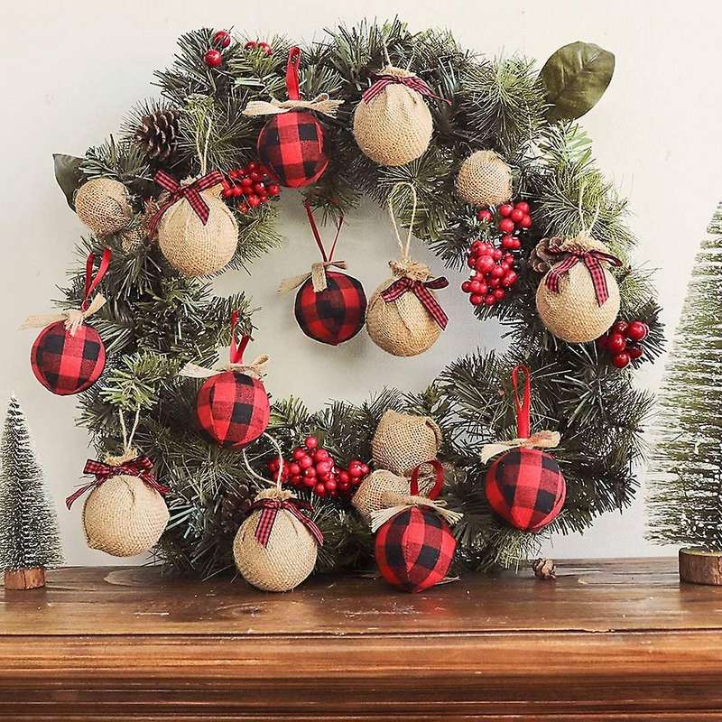 Christmas Tree Ornaments, 12 Pcs 2-1/2 Inches Red Black Check Plaid Stitching Burlap Christmas Decor