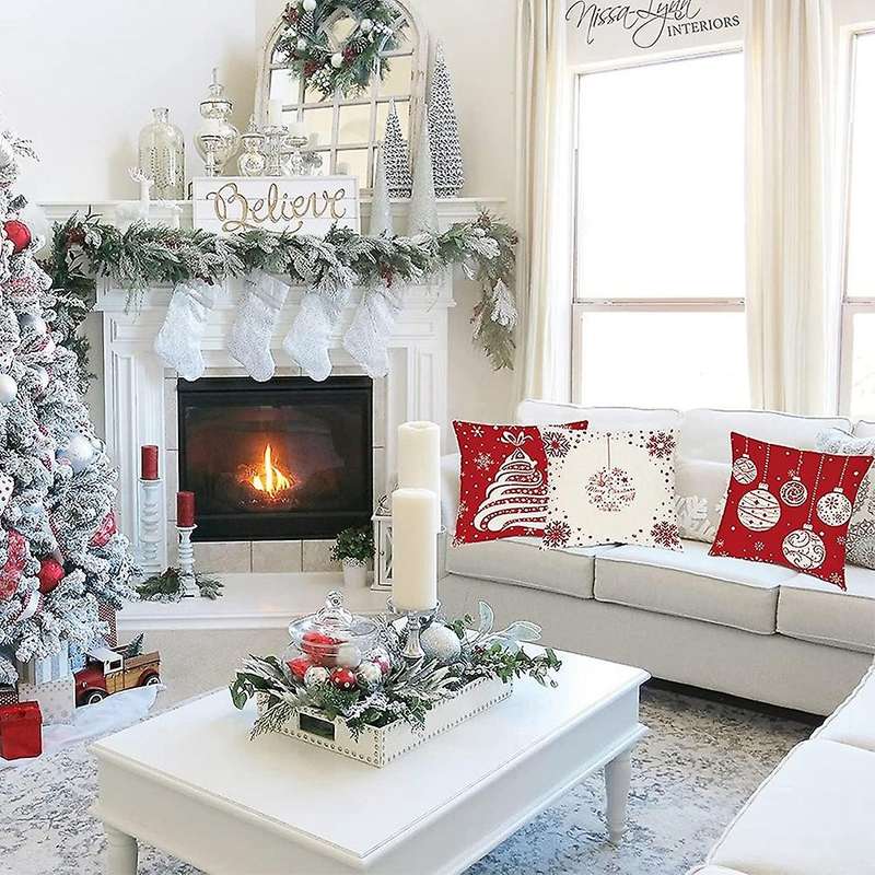 Christmas Throw Pillow Covers 18 x 18 Set of 4 Winter Decorative Throw Pillows for Christmas Home So