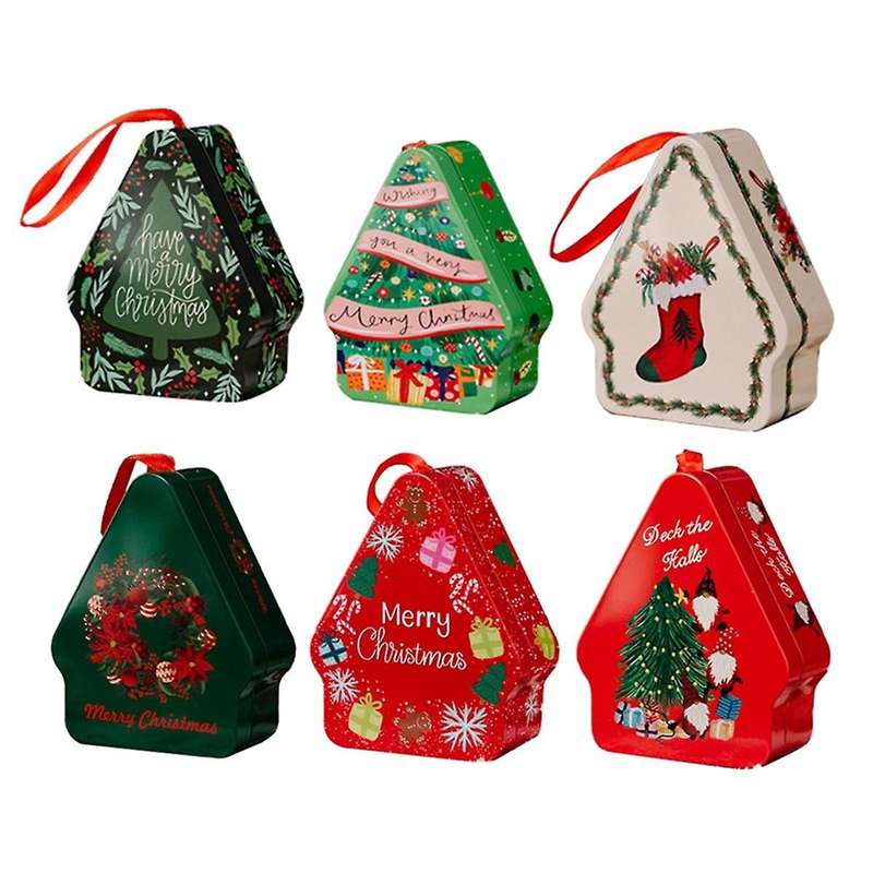 Christmas Tinplate Candy Box Decorate with Lanyard Polygonal Printed Tinplate Box for Christmas Deco