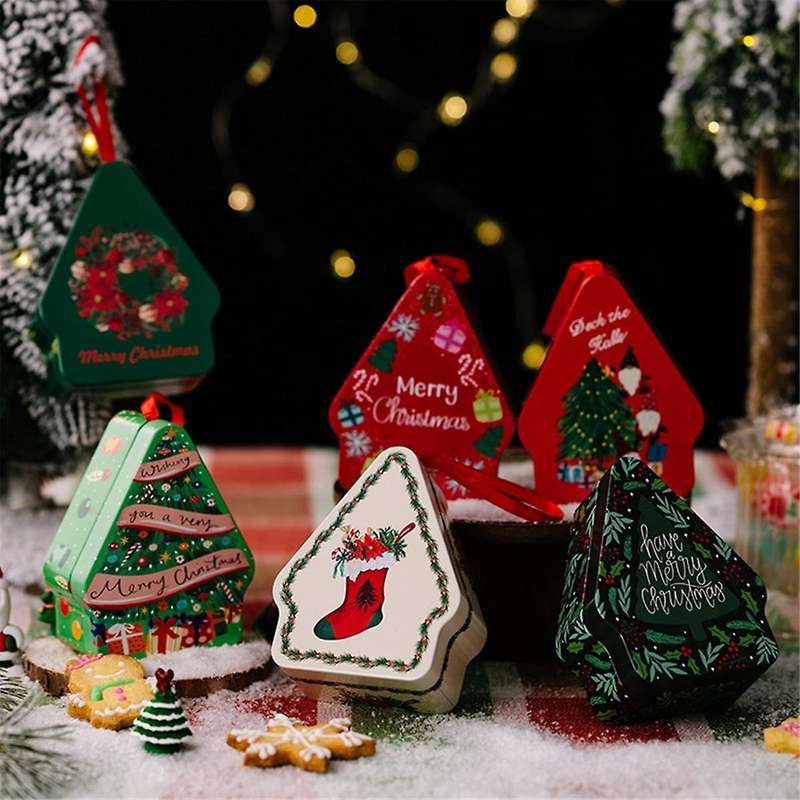 Christmas Tinplate Candy Box Decorate with Lanyard Polygonal Printed Tinplate Box for Christmas Deco