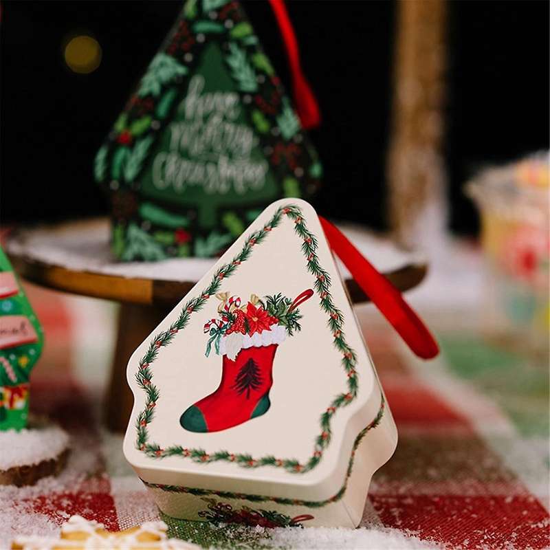 Christmas Tinplate Candy Box Decorate with Lanyard Polygonal Printed Tinplate Box for Christmas Deco