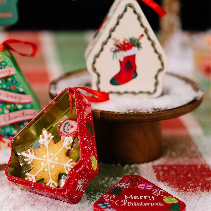 Christmas Tinplate Candy Box Decorate with Lanyard Polygonal Printed Tinplate Box for Christmas Deco