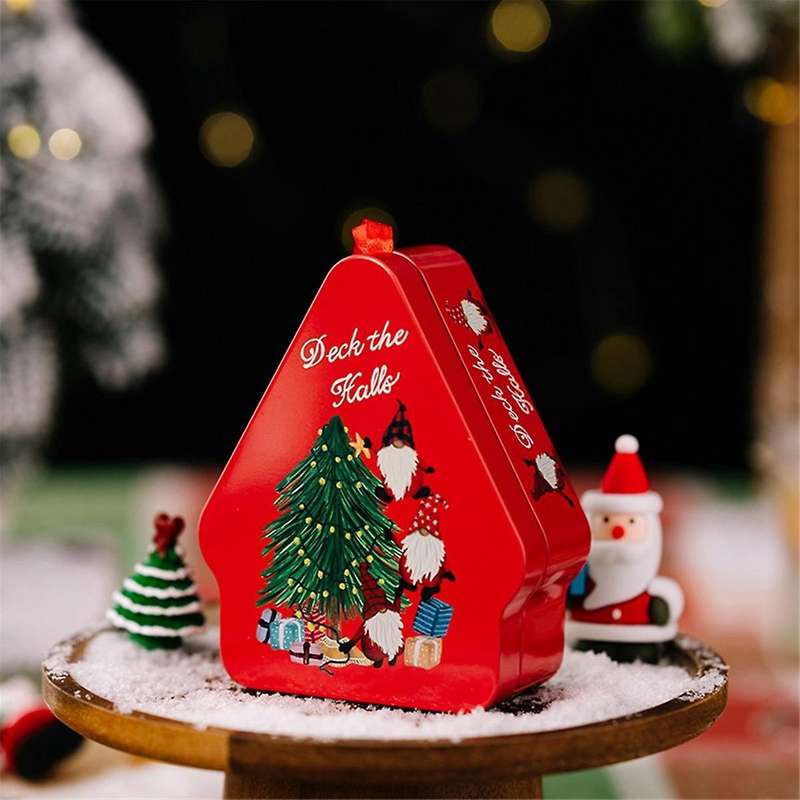 Christmas Tinplate Candy Box Decorate with Lanyard Polygonal Printed Tinplate Box for Christmas Deco