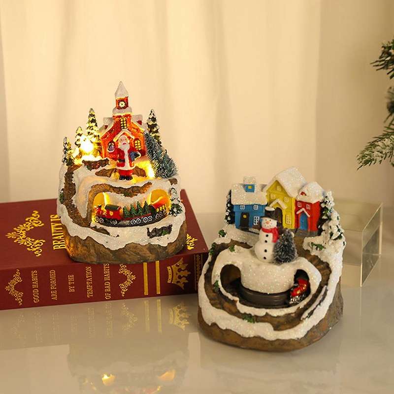 Christmas Village Houses Sets Rotating Train Display Figurines Led Light Up Christmas Holiday Decor