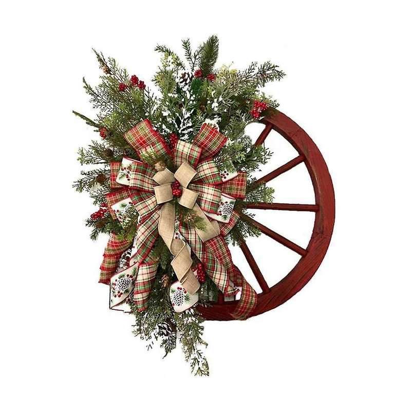 Christmas Winter Wreath Door Pendant Farmhouse Carriage Wheel Christmas Ornament Wreath Christmas Pi