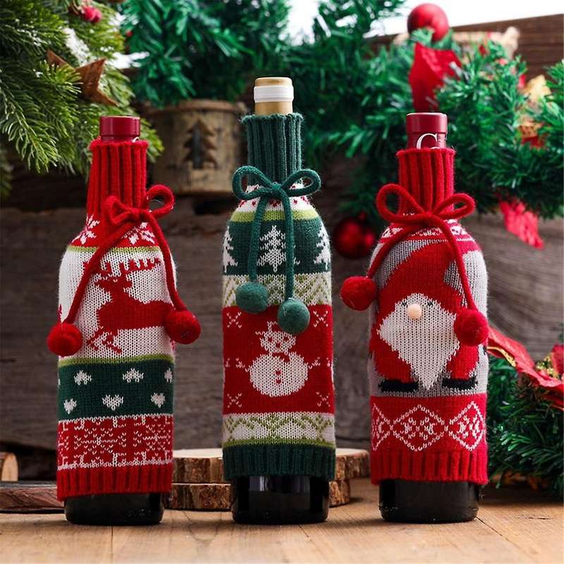 Christmas Wine Bottle Bags, Handmade Sweater Wine Bottle Covers for Christmas Dinning Decorations, R