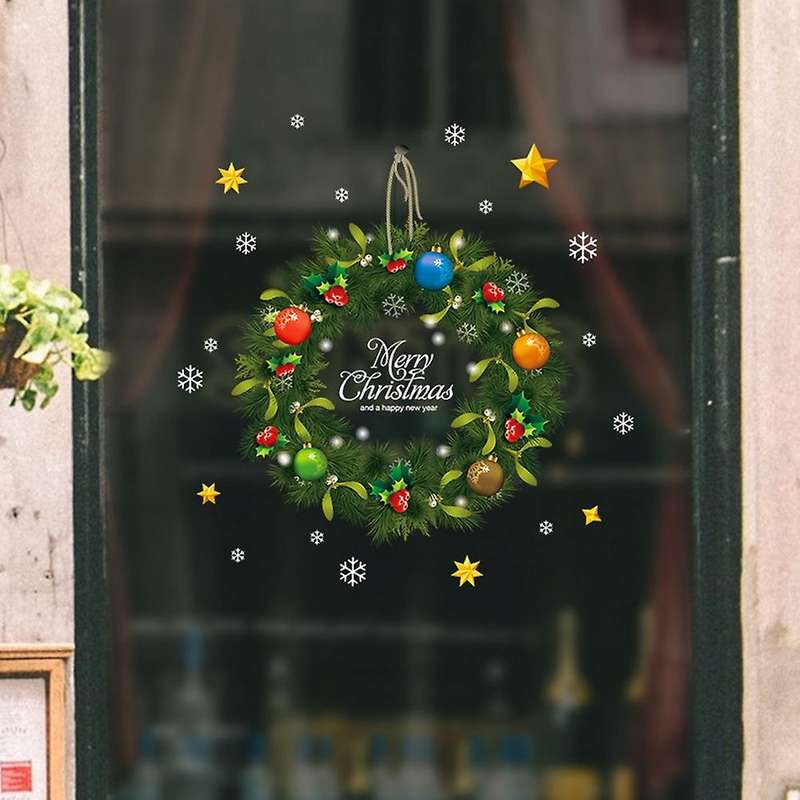 Christmas Wreath Wall Stickers Window Glass Festival Decals Santa Murals New Year Christmas Decorat
