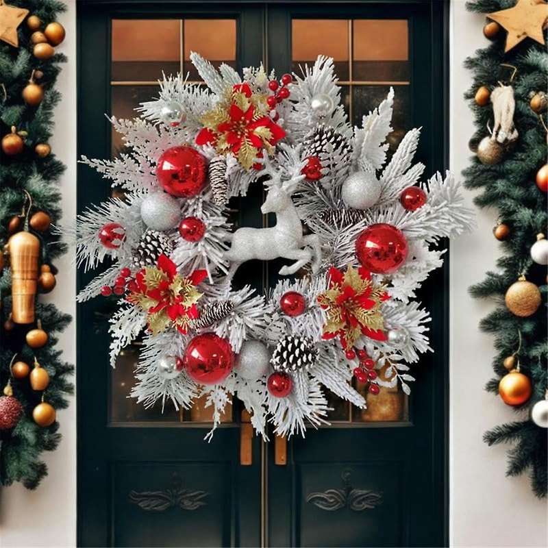 Christmas Wreath for Front Door Christmas Reindeer Wreath with Christmas Poinsettia Flower Christmas