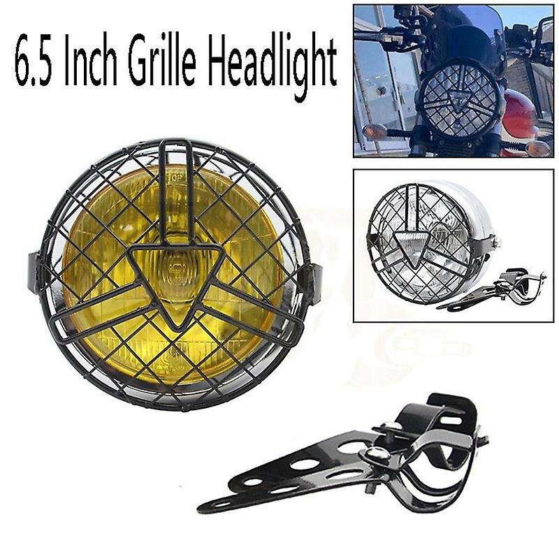 Chrome+Clear 6.5 Inch Retro Motorcycle Headlight Grill Side Mount Cover with Bracket Universal Mesh