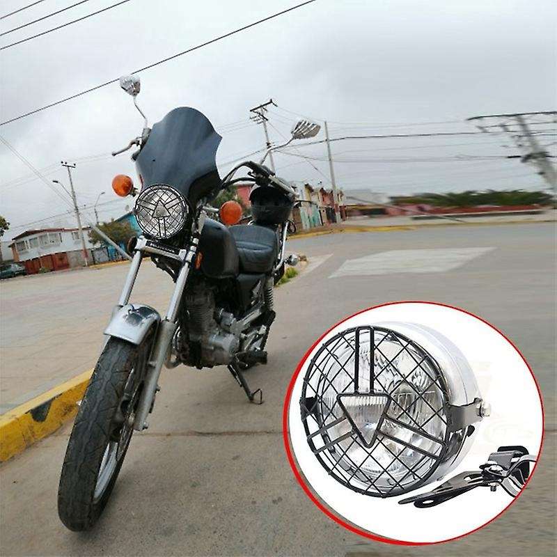 Chrome+Clear 6.5 Inch Retro Motorcycle Headlight Grill Side Mount Cover with Bracket Universal Mesh