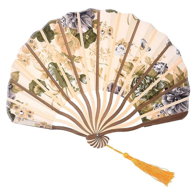 Classic Style Flower Fabric Bamboo Folding Dance Hand Fan Beige
