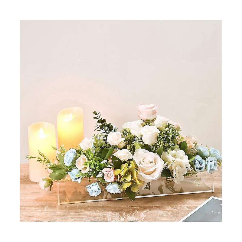 Clear Acrylic Flower Vase Rectangular Floral Centerpiece for Dining Table 9.8 Inch Long Rectangle D
