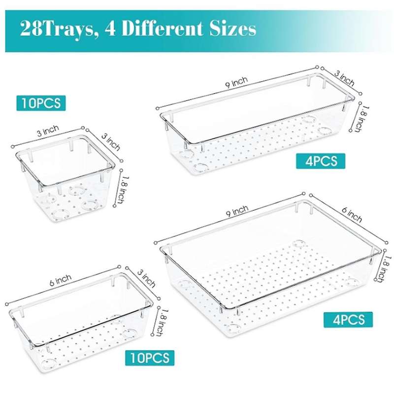 Clear Plastic Drawer Storage Box Set, Desk Drawer Storage Tray, for Cosmetics, Jewelry, Kitchen Uten