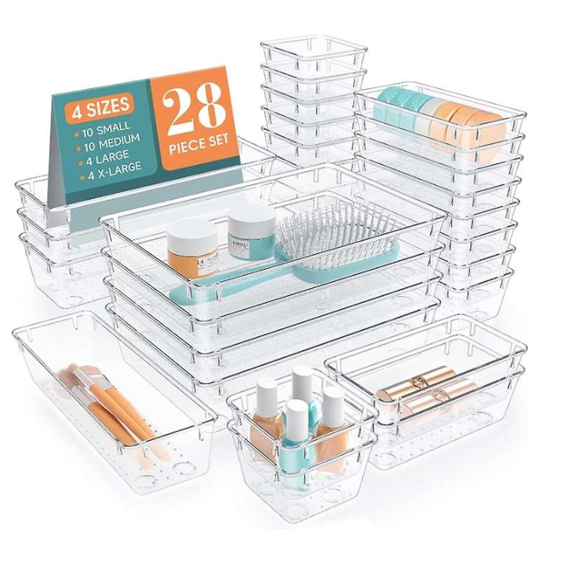 Clear Plastic Drawer Storage Box Set, Desk Drawer Storage Tray, for Cosmetics, Jewelry, Kitchen Uten