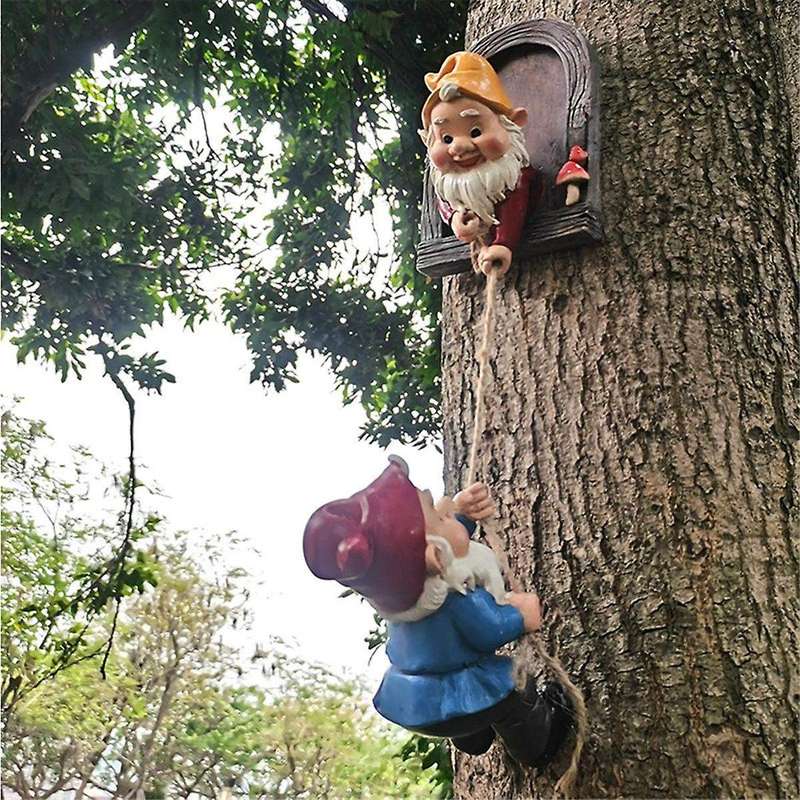 Climbing Gnomes Tree Face Decor Outdoor for Yard, Adorable Gnome Tree Hugger Fairy Door Statue for T