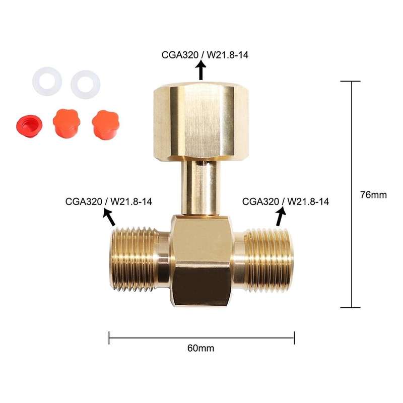 CO2 Tank Adapter, Cylinder Brass CO2 Cylinder Tank CGA320 Adapter Converter Tee Adapter T-Adapter 1