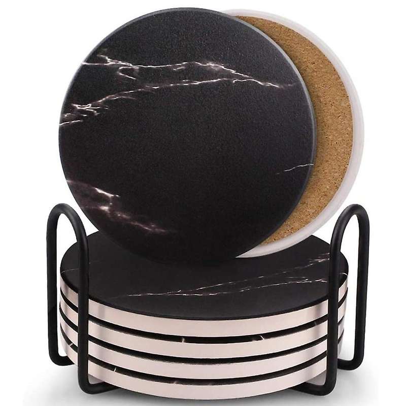 Coasters for Drinks, Ceramic Stone Coaster Set with Metal Holder Stand, Cork , Marble Surface Patte