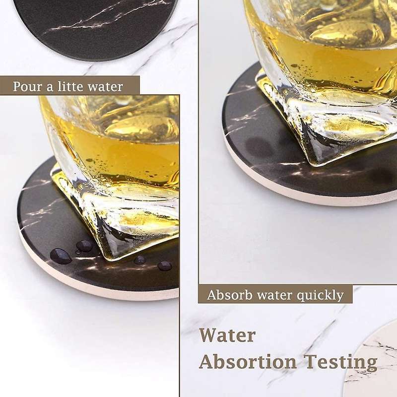 Coasters for Drinks, Ceramic Stone Coaster Set with Metal Holder Stand, Cork , Marble Surface Patte