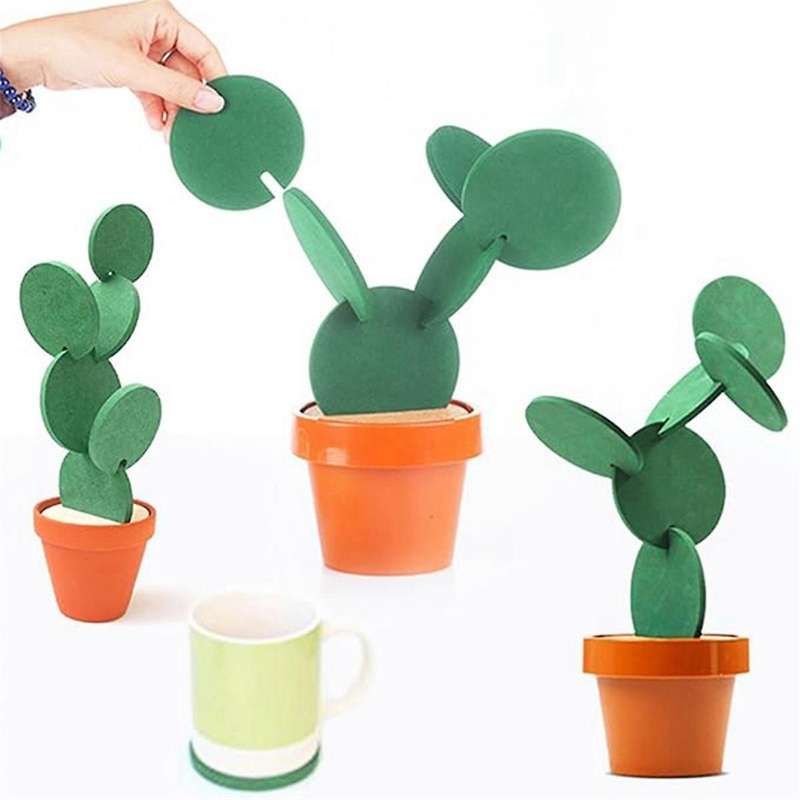Coasters Diy Cactus Coaster,set Of 6 Pieces with Flowerpot Holder for Drinks Novelty, Home Office B