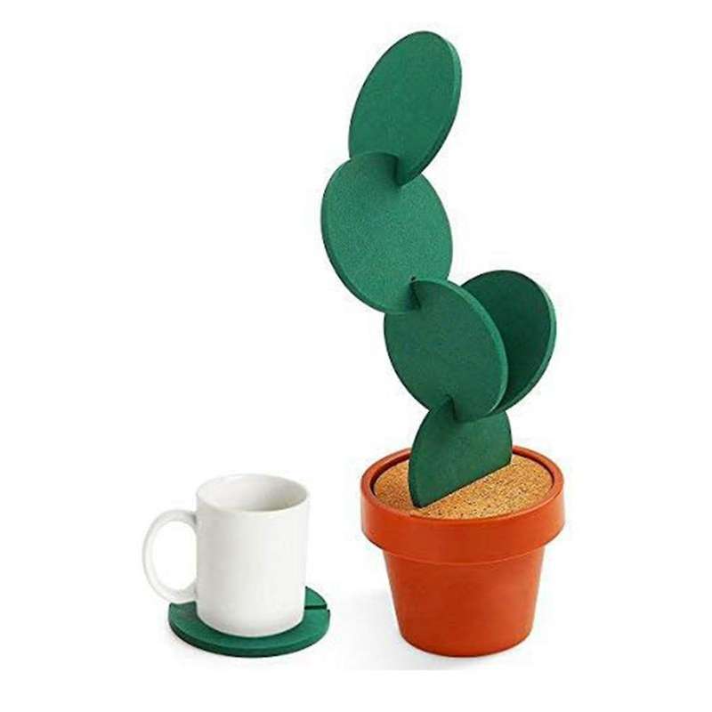 Coasters Diy Cactus Coaster,set Of 6 Pieces with Flowerpot Holder for Drinks Novelty, Home Office B