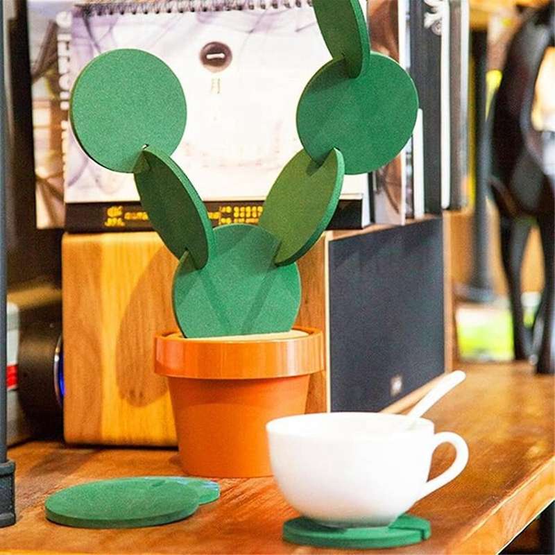 Coasters Diy Cactus Coaster,set Of 6 Pieces with Flowerpot Holder for Drinks Novelty, Home Office B