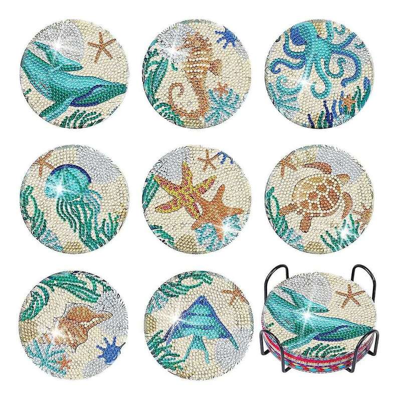 Coasters with Holder,8pcs 5d Ocean Diamond Art Kits for Adults Kids,small Diy Kits