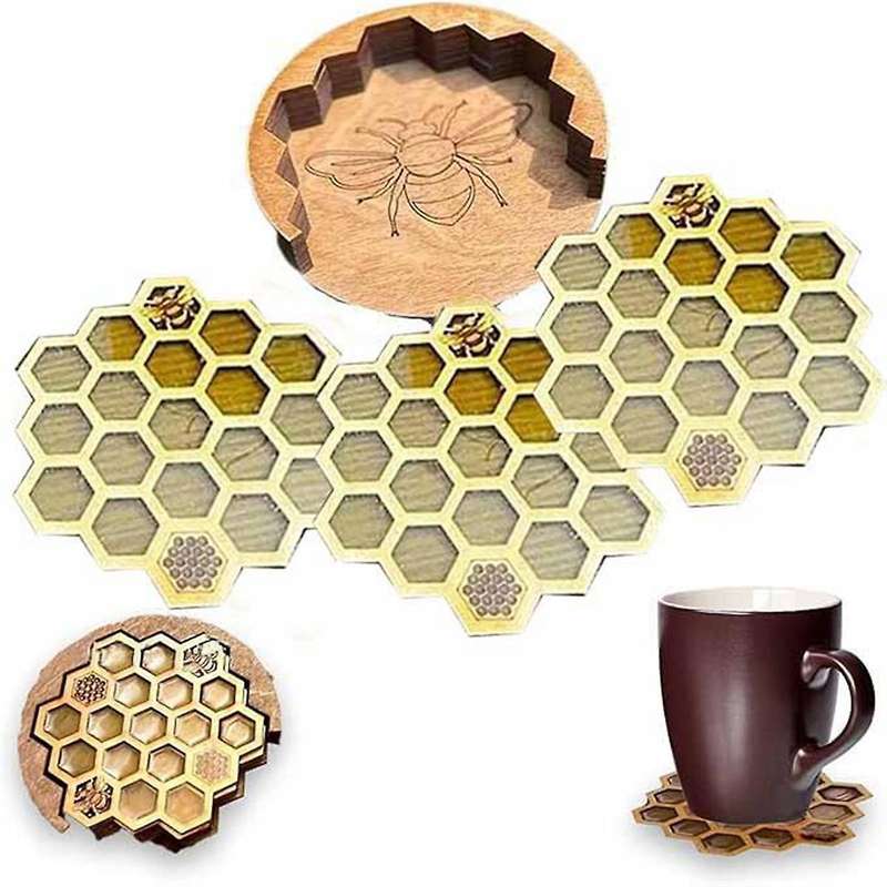 Coasters Set for Drinks with Holder, 4pcs Honeycomb Shaped Drink Coasters, Mug Coaster for Cold/hot