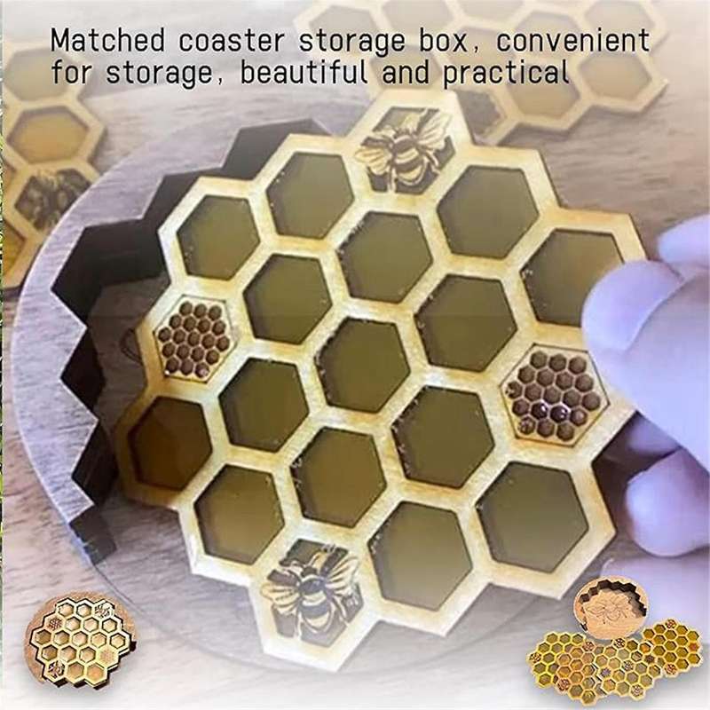 Coasters Set for Drinks with Holder, 4Pcs Honeycomb Shaped Drink Coasters, Mug Coaster for Cold/Hot
