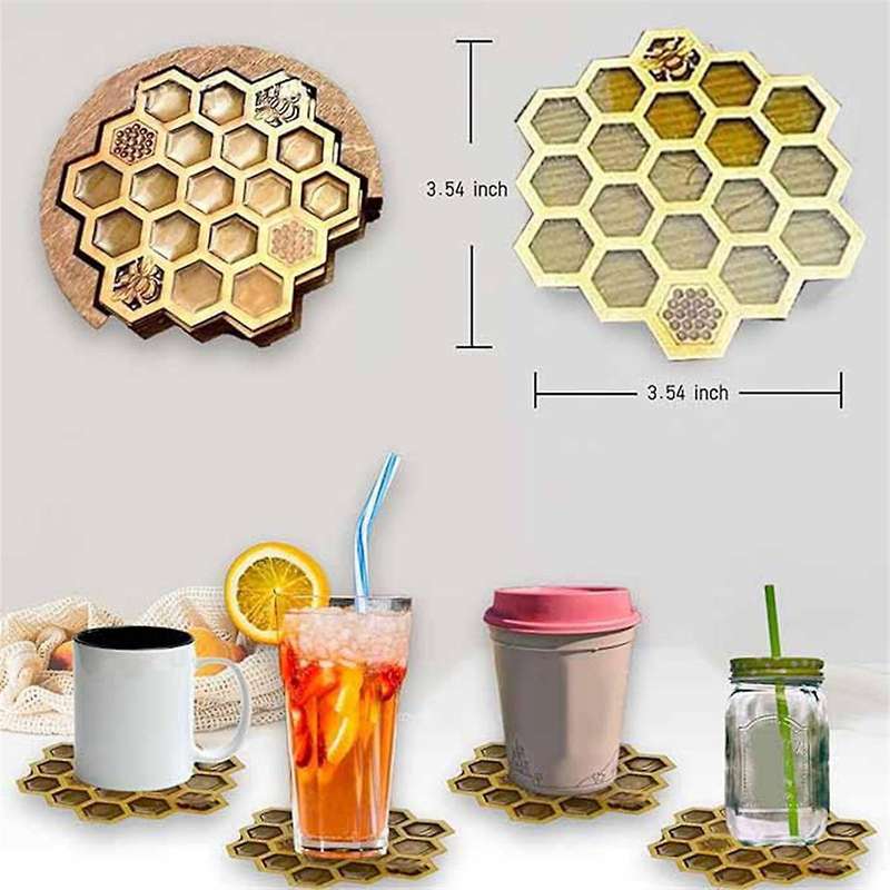Coasters Set for Drinks with Holder, 4Pcs Honeycomb Shaped Drink Coasters, Mug Coaster for Cold/Hot