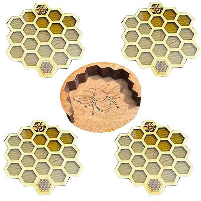 Coasters Set for Drinks with Holder, 4Pcs Honeycomb Shaped Drink Coasters, Mug Coaster for Cold/Hot