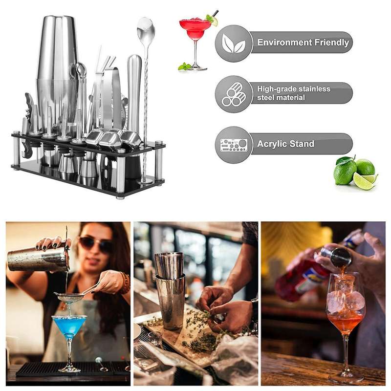 Cocktail Shaker Set, Boston Stainless Steel Bartender Kit with Acrylic Stand & Cocktail Recipes Book