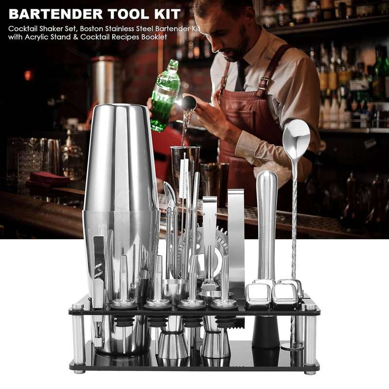 Cocktail Shaker Set, Boston Stainless Steel Bartender Kit with Acrylic Stand & Cocktail Recipes Book