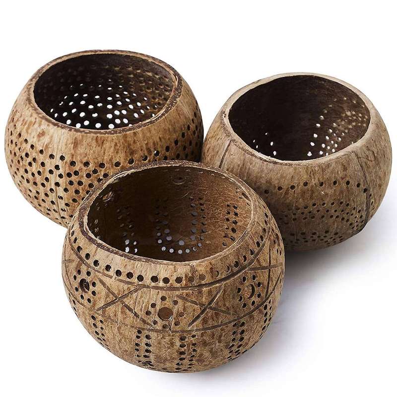 Coconut Shell Wood Candle Holders (Set of 3) with Coconut Scented Tealight Candles - Boho Decor, Vo